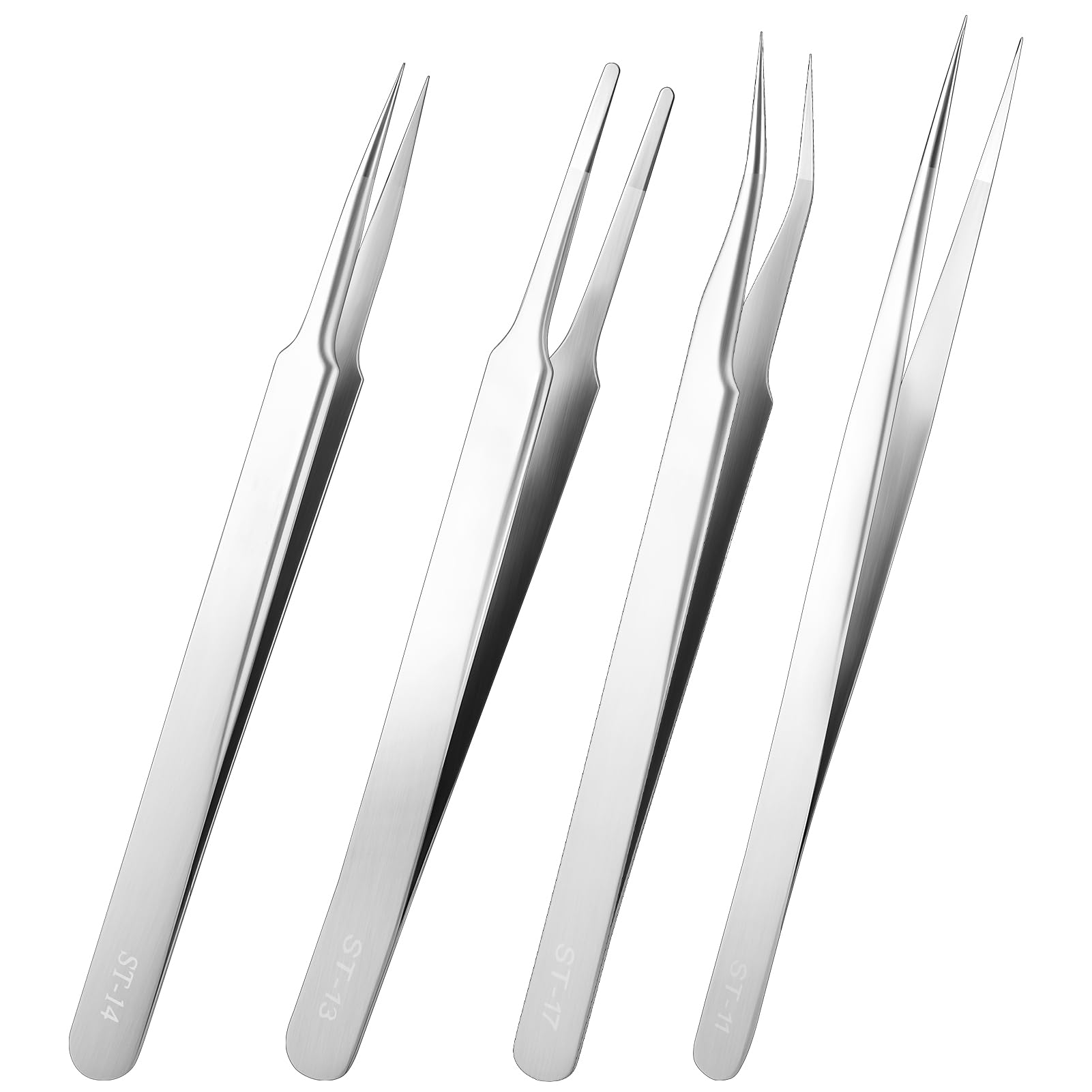4PCS Precision Tweezers Set, Professional Pointed Long Bent Stainless Steel Tweezers for Craft, Soldering, Model, Jewelry Tools