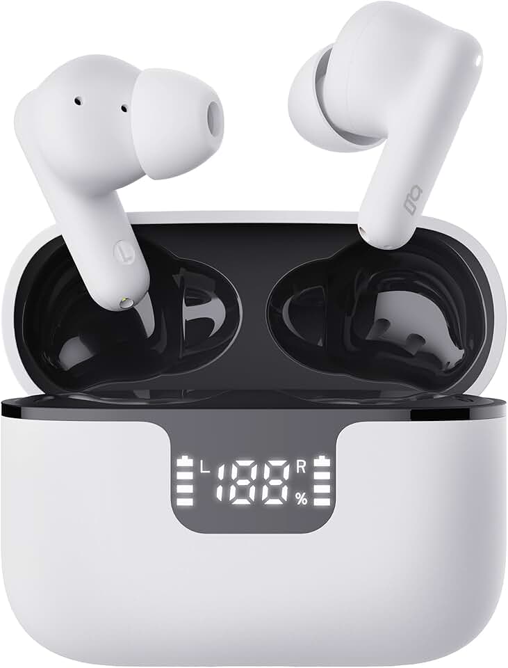 Geonav Fone de ouvido TWS com cancelamento ativo de ruído (ANC) e ambiente (ENC) HarmonyWave, Bluetooth, Autonomia 30 horas, Microfone, Estojo carregador, AER15WT, Branco
