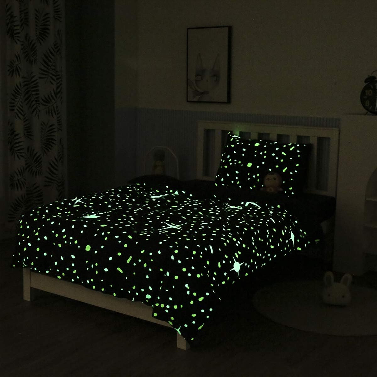 Kids Glow in The Dark Duvet Cover Blue Cartoon Stars Universe Bedding Set for Teen Boys Girls Toddler Comforter Cover Child Starry Sky Theme Decor Bedspreads with Zipper,No Comforter Sheet Single