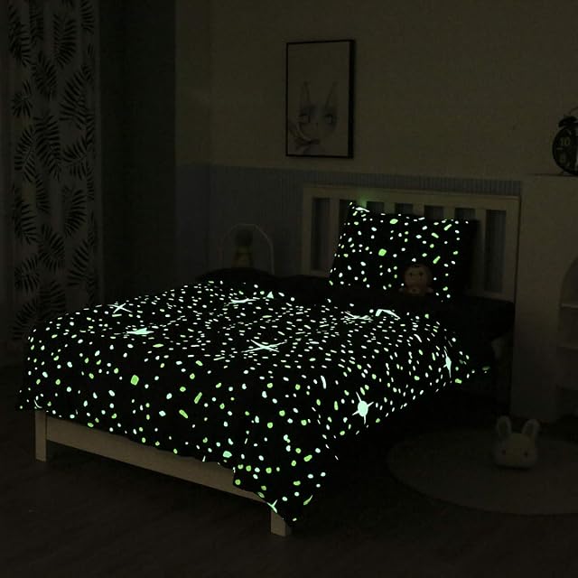 Kids Glow in The Dark Duvet Cover Blue Cartoon Stars Universe Bedding Set for Teen Boys Girls Toddler Comforter Cover Child Starry Sky Theme Decor Bedspreads with Zipper,No Comforter Sheet Single