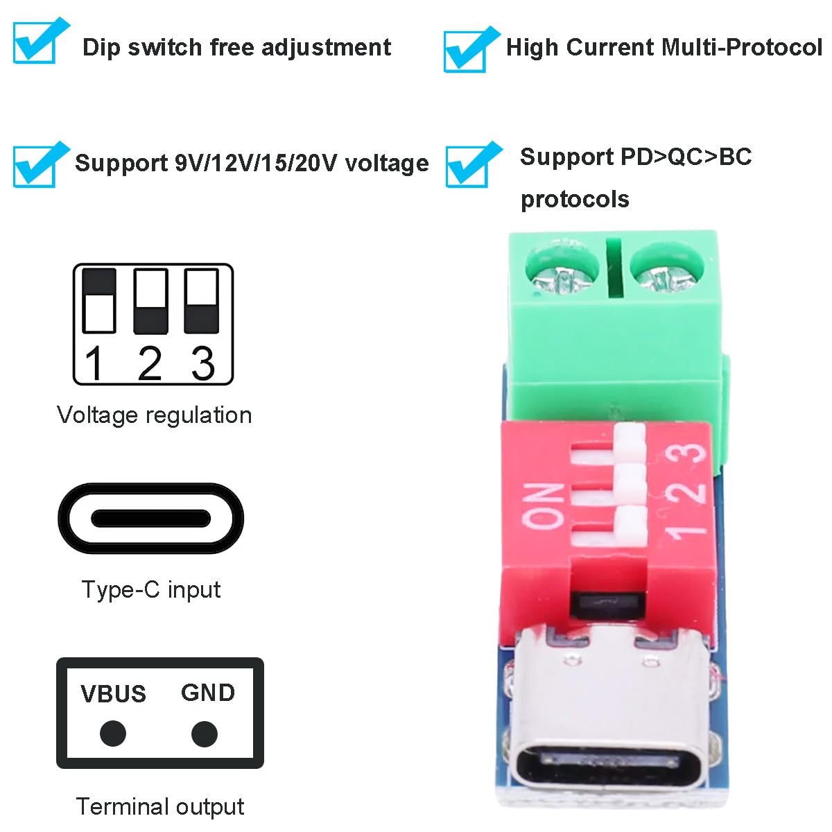 5 szt. Moduł wyzwalacza PD USB-C do szybkiego ładowania Decoy moduł wyzwalacza 5 V 9 V 12 V 15 V 20 V stałe napięcie stałe wyjście z przełącznikiem wybierania regulowane napięcie z zestawy