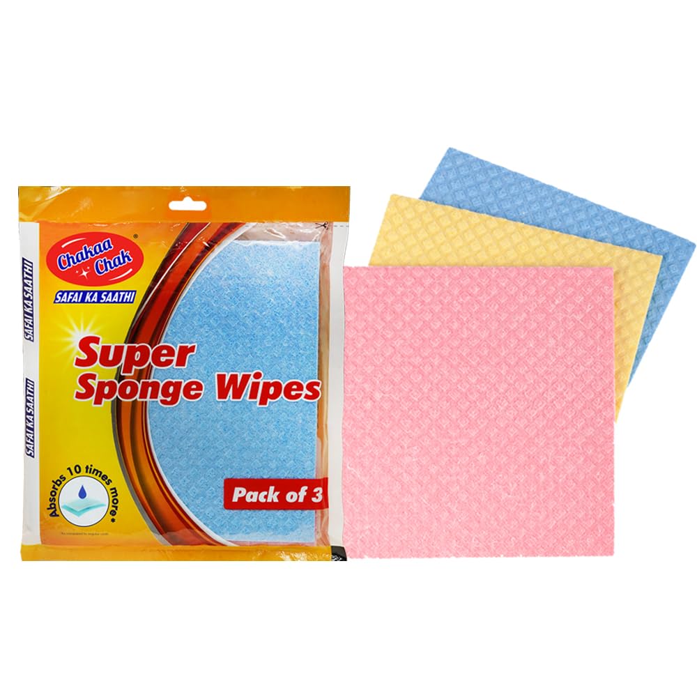 Chakaachak Super Sponge Wipes for Cleaning Glass, Kitchen Slab, Metal Surface & Appliances| Pack of 3 | Kitchen Needs| Reusable Multicolour Cleaning Cloth for Kitchen |-image-38