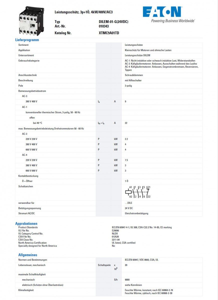 Eaton DILEM-01-G(24VDC) Mini-Contactor de Potencia, 3 Polos con 1 NC, 4 kW / 400 V / AC3, 24 V DC