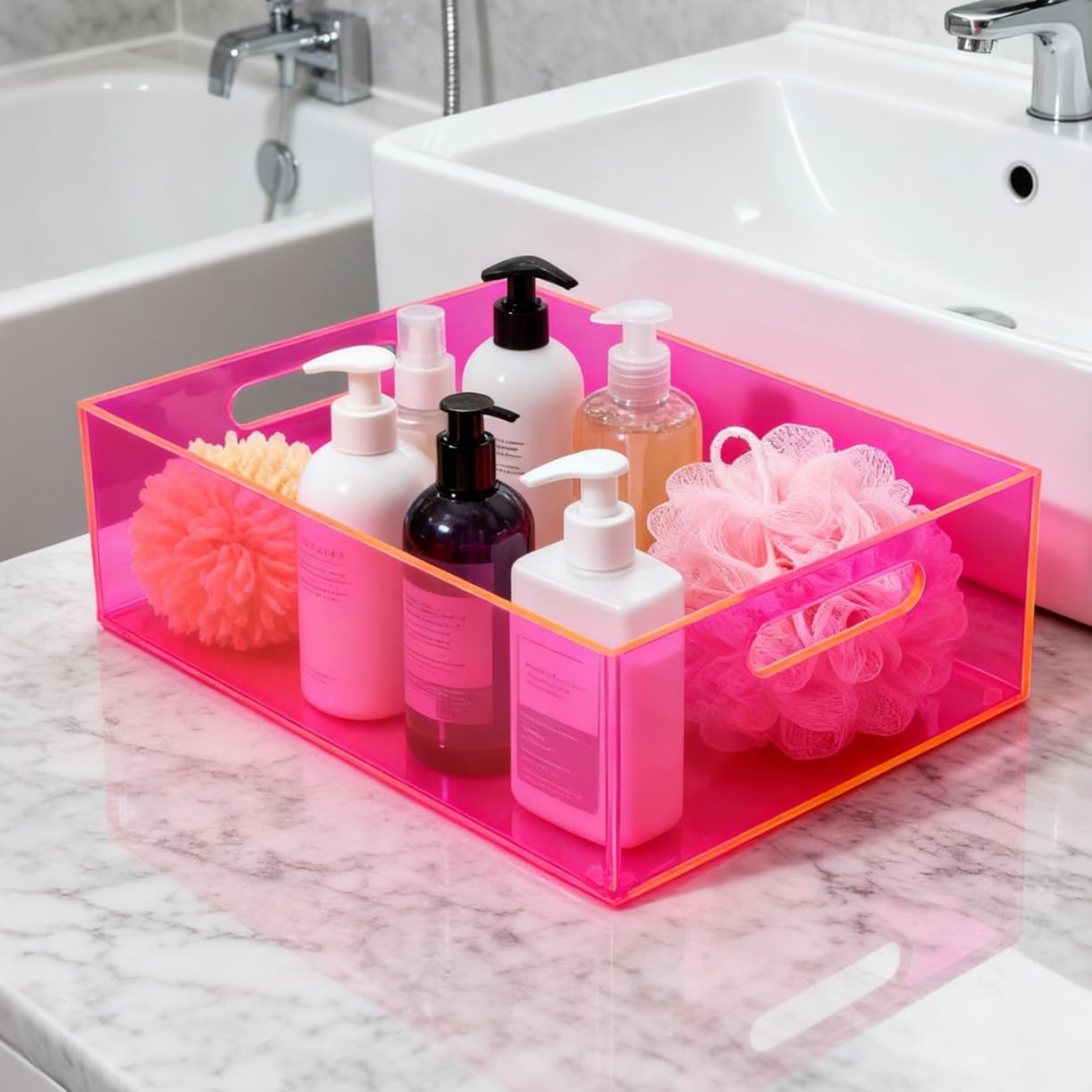 Large Storage Bin Acrylic Pantry Storage Container with Handles Kitchen Organizer Bin for Cabinet Cupboard Organization, Heavy Duty, 15.4 x 11.4 x 5.5'', Neon Pink