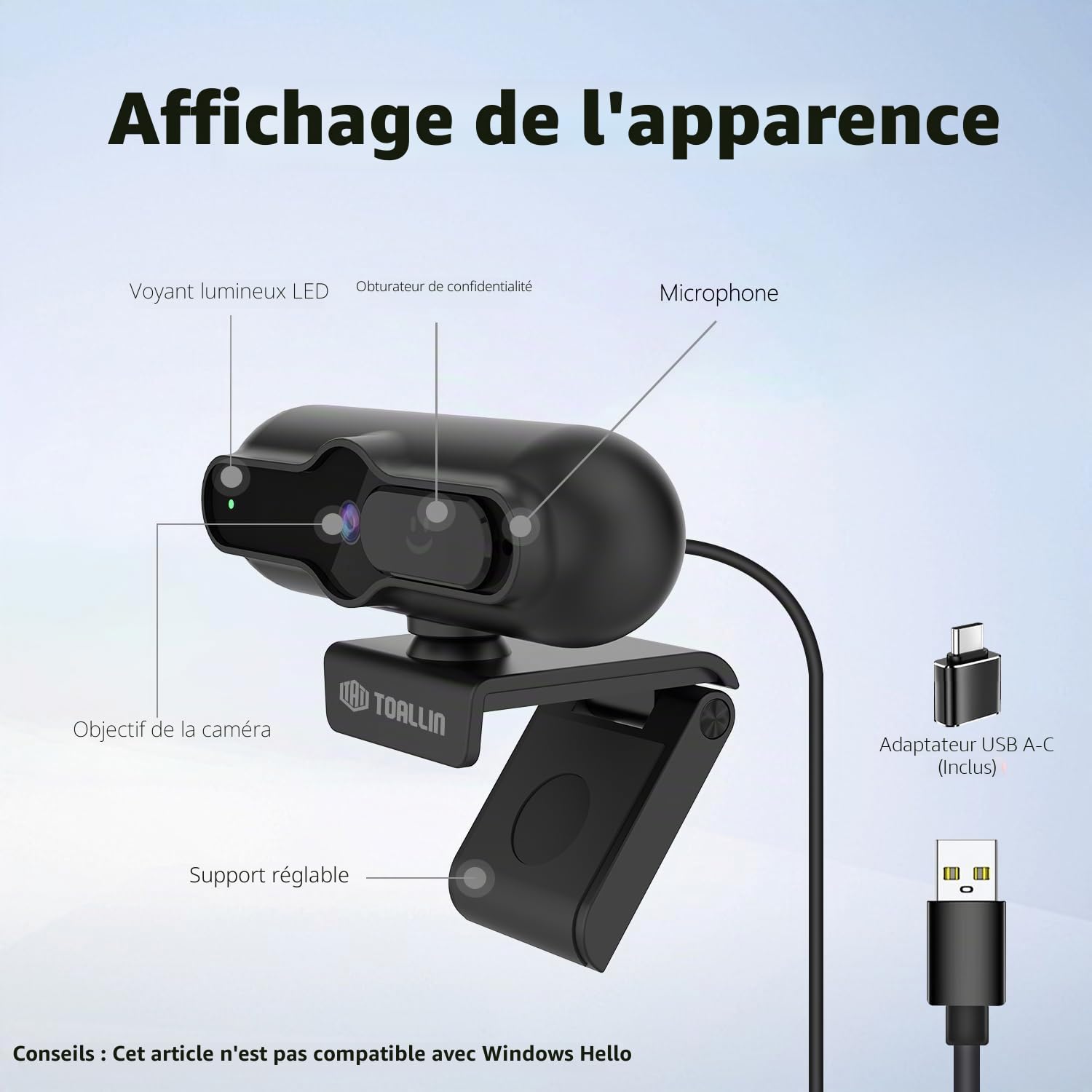 TOALLIN Webcam 4K pour PC, 1080p@60fps, capteur 1/2,5", autofocus PDAF, Microphone intégré et Cache de confidentialité, Webcam USB pour Ordinateur Portable, conférences, Streaming et appels vidéo