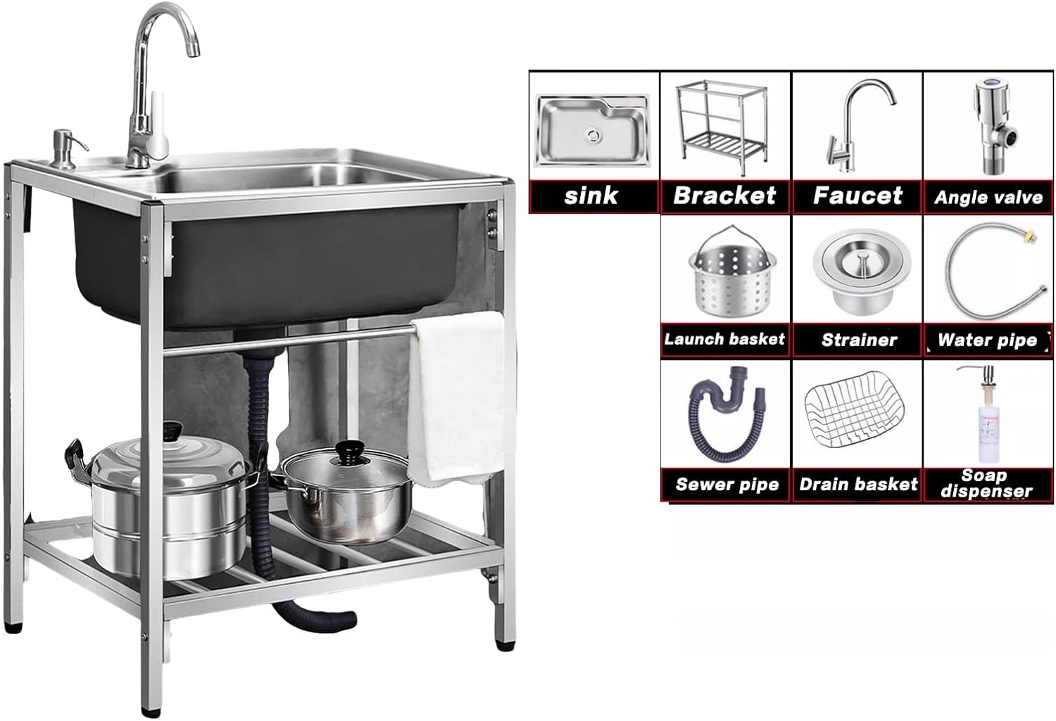 Freestanding Stainless Steel Sink Free Standing Kitchen Single Bowl Utility Prep & Washing Hand Basin for Laundry