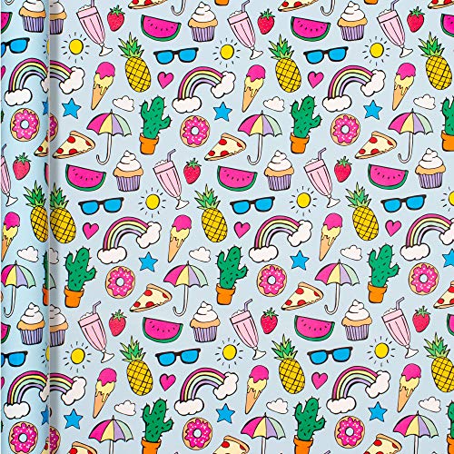 B-THERE Birthday Gift Wrap Wrapping Paper for Boys, Girls, Adults. 6 Cute & Funny Different Designs of 6 ft X 30 Roll! Includes Cactus, Fruit, Rainbows, Rainbow Sprinkles, Pizza, Balloons, Donuts - Thumbnail 3