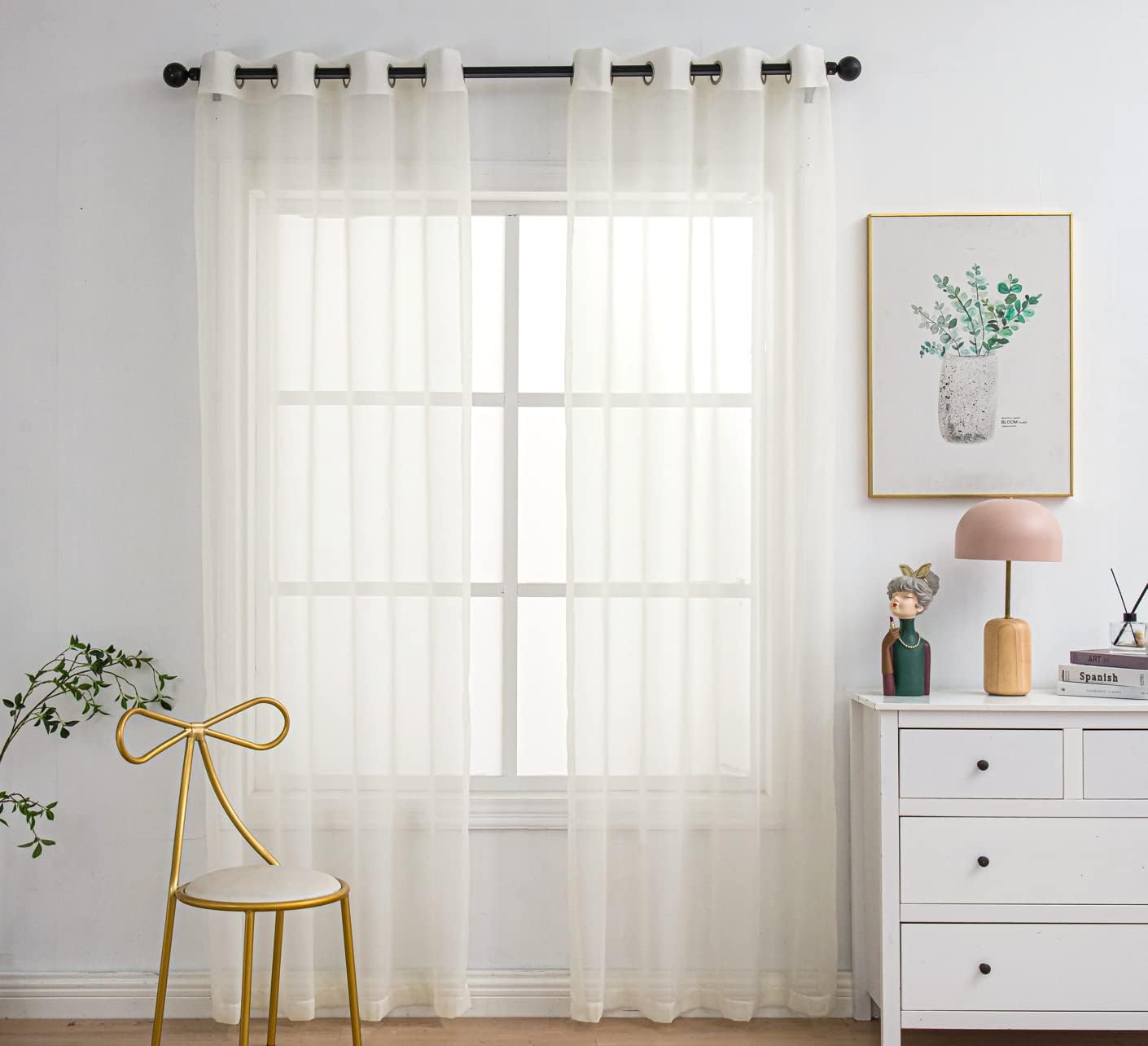 PI Sheer Cafe Curtains 108 Inches Long,Ring Top Hazy Aesthetic Window Draperies for Cafe/Restaurant 2 Panels (W52 X L108, Ivory)