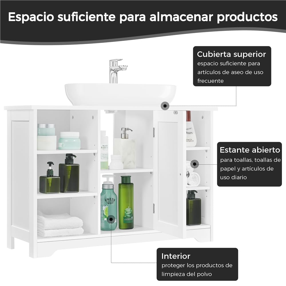 Yaheetech Mueble Bajo Lavabo de Madera Amplio Espacio de Almacenamiento | 60×30×90 cm mueble auxiliar de baño 6 Estantes y 1 Puerta Aramrio de Lavabo Blanco