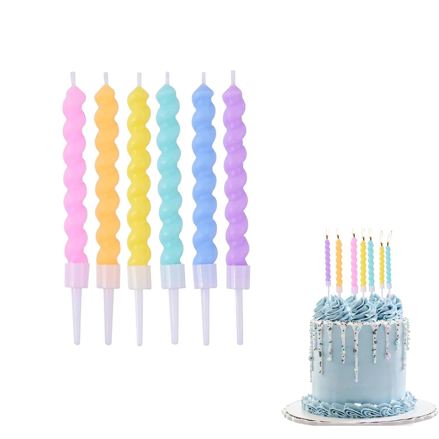 24 Pcs Rainbow Spiral Birthday Candles for Cakes with Holders – Colorful Decorative Candles for Birthdays, Baby Showers, Weddings, Parties & Celebrations