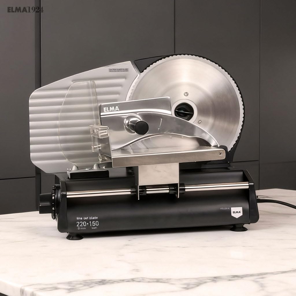 ELMA Affettatrice Elettrica CFD220 XL con Due Lame in Acciaio Inox Ø220 mm | Affettatrice Domestica Regolabile 0-15 mm, Potente, Sicura e Facile da Pulire