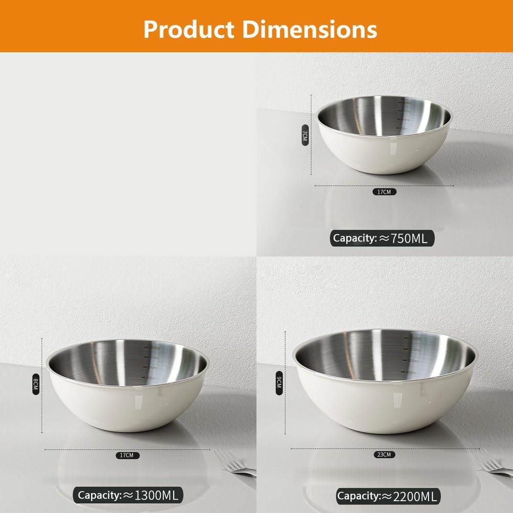 AIZYR Stainless Steel Mixing Bowls Set, Cooking Bowl with Measurement Mark Food Storage Containers for Kitchen, Cooking, Baking