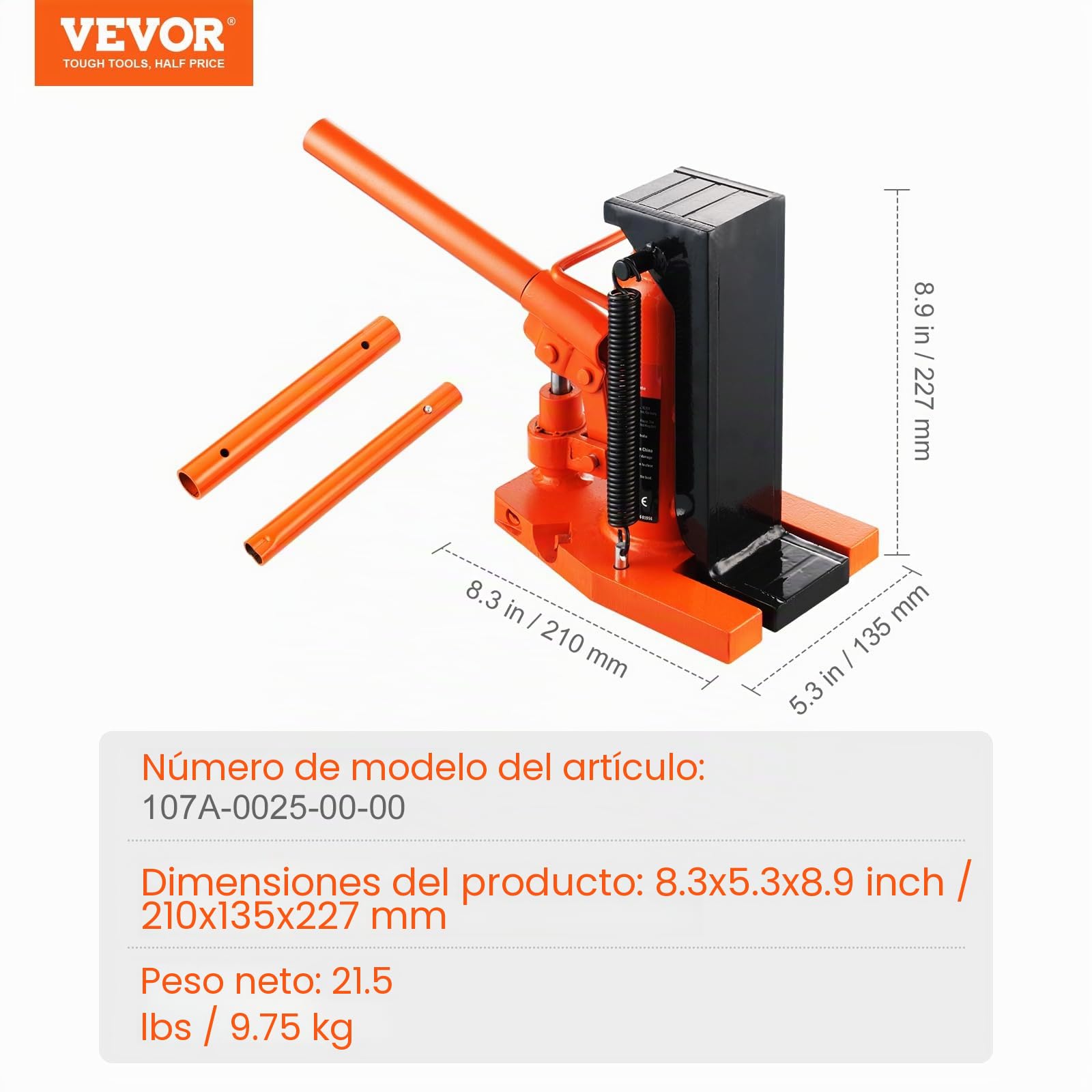 VEVOR Gato Hidráulico de Pierna con Patas 2,5 T Capacidad de Elevación del Gato de Máquina 5 T Superior Altura de Pierna 20-135 mm Altura Superior 227-340 mm para Maquinaria de Elevación, Industria