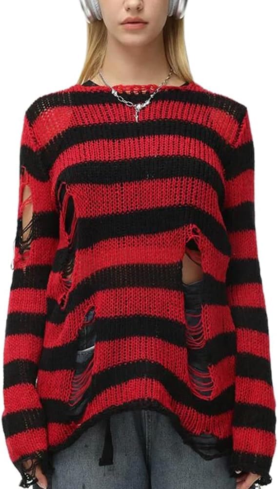 Chejooe Unisex Red Goth Y2k Striped Sweater Ripped Punk Gothic Sweaters Knitwear For Women Harajuku Aesthetic Halloween Pullover Tops(,Small)