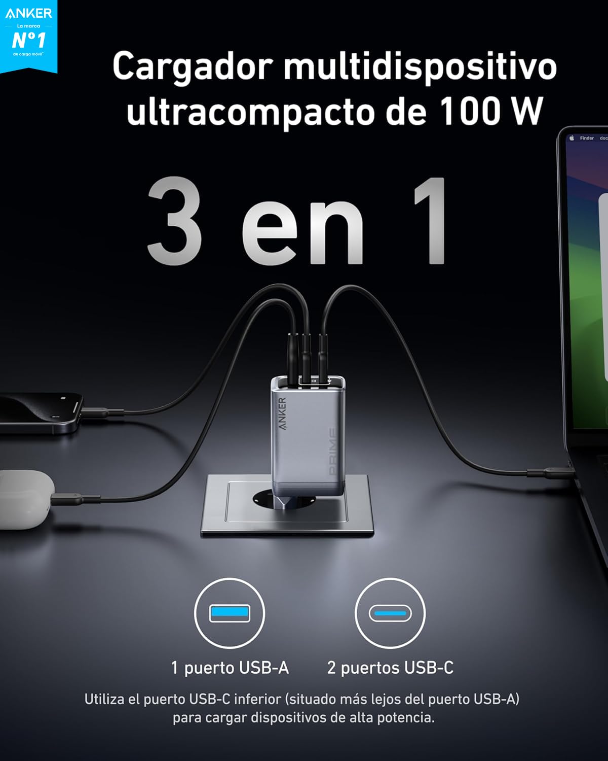 Anker Prime Cargador USB C 100W, Cargador USB C de 100 W, Cargador de Pared Anker de 3 Puertos GAN Plegable y Compacto, para MacBook, iPad, iPhone 17/16/15/14/13 Air Pro Series, Galaxy S24/S23 y Más