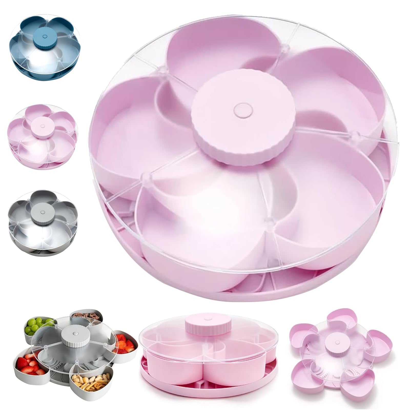 Snack Tray, Rotating Snack Pots with Lids and 5 Compartments, Portable Snacks Box with Rotating Gear Design for Charcuterie Candy, Fruits, Snacks, Nuts for Parties, Travel & Picnics, Kitchen (Pink)
