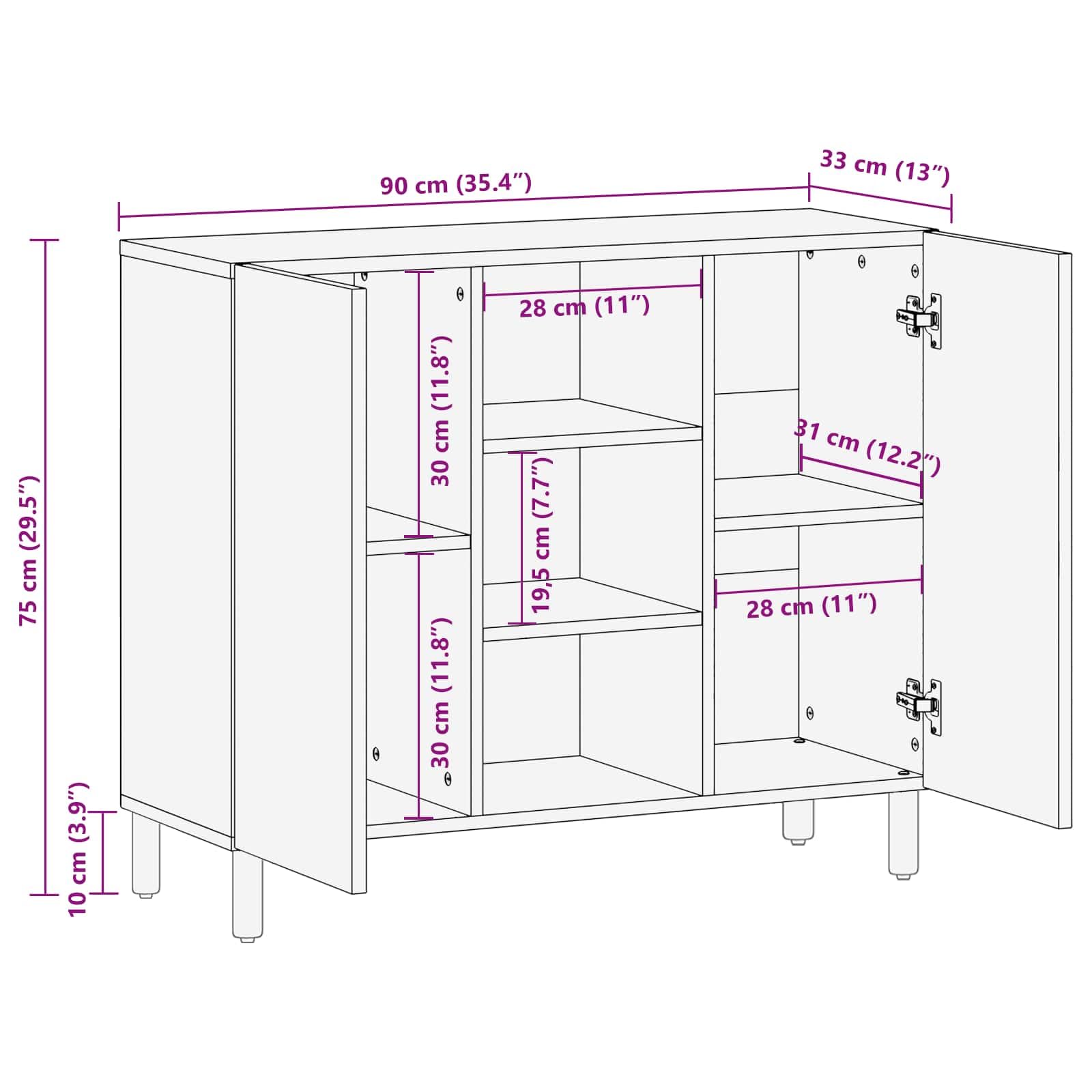 Credenza con superficie marrone acacia, 90 x 33 x 75 cm, con ripiano, ante a battente, legno massiccio di mango, spazio per soggiorno, camera da letto, console multimediale, stoccaggio, rack