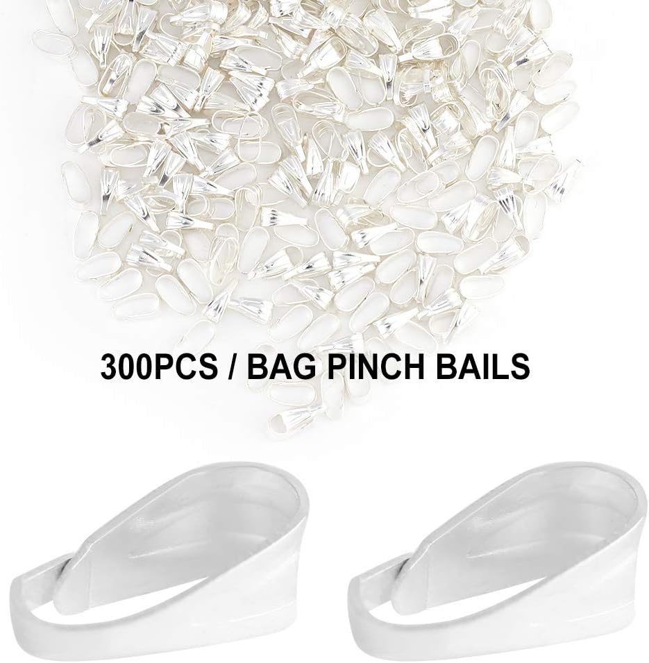 Yctze Pack of 300 - Alloy Jewelry Bails, Pinch Clips Pendant Connector Clasps, Snap for Necklace Making, Sterling Silver Bail Clips, for Jewelry Creation