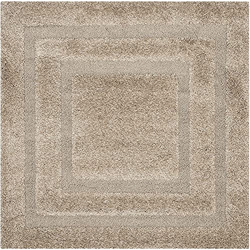Image of Rectangular Box Square Shaggy Carpet for Living Room, Bedroom, High Low Design Finish Microfiber 1.8 Inch Pile High, 8x8 Feet Beige|Beige Color
