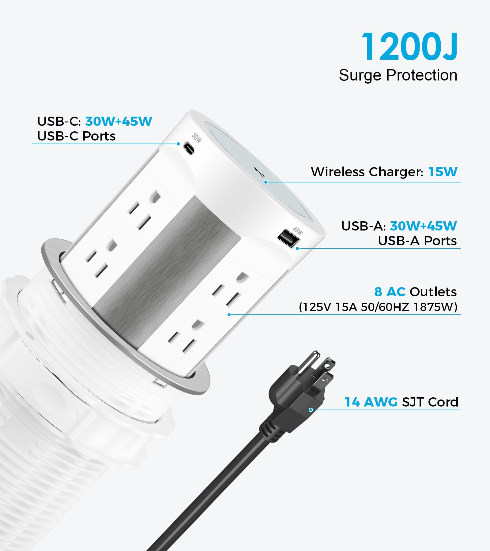 Pop Up Outlet for Countertop, 15W Wireless Charger PD 45W, 2 USB-A & 2 USB-C & 8AC Outlets 15A Tamper Resistant, 4-inch Island Kitchen Pop Out