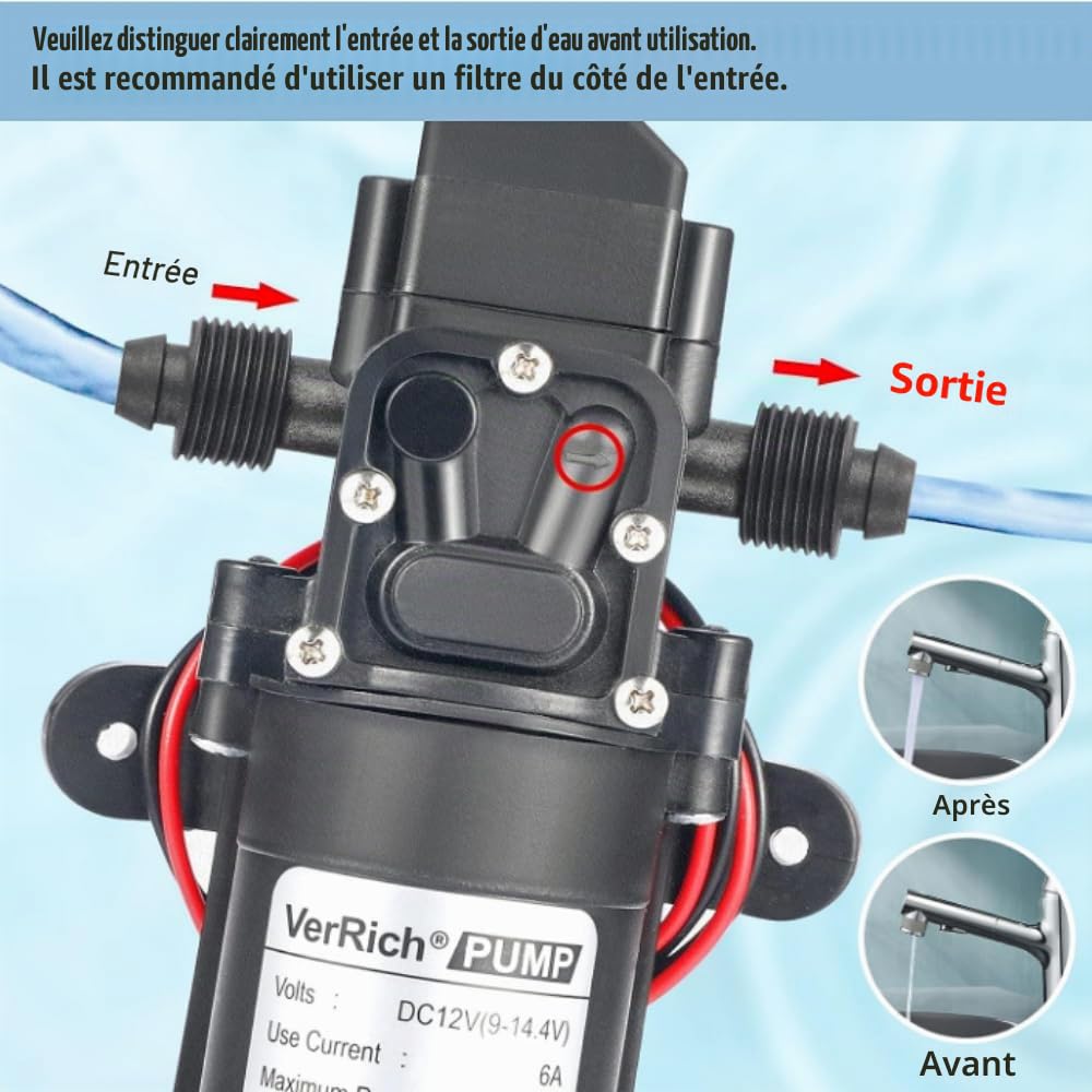 Pompe à Eau Auto-Amorçante, DC 12V 0.9Mpa 4-6L/Min Pompe à Membrane Haute Pression 70W Auto-amorçante pour Bateau Marin de Camping-car Extérieur