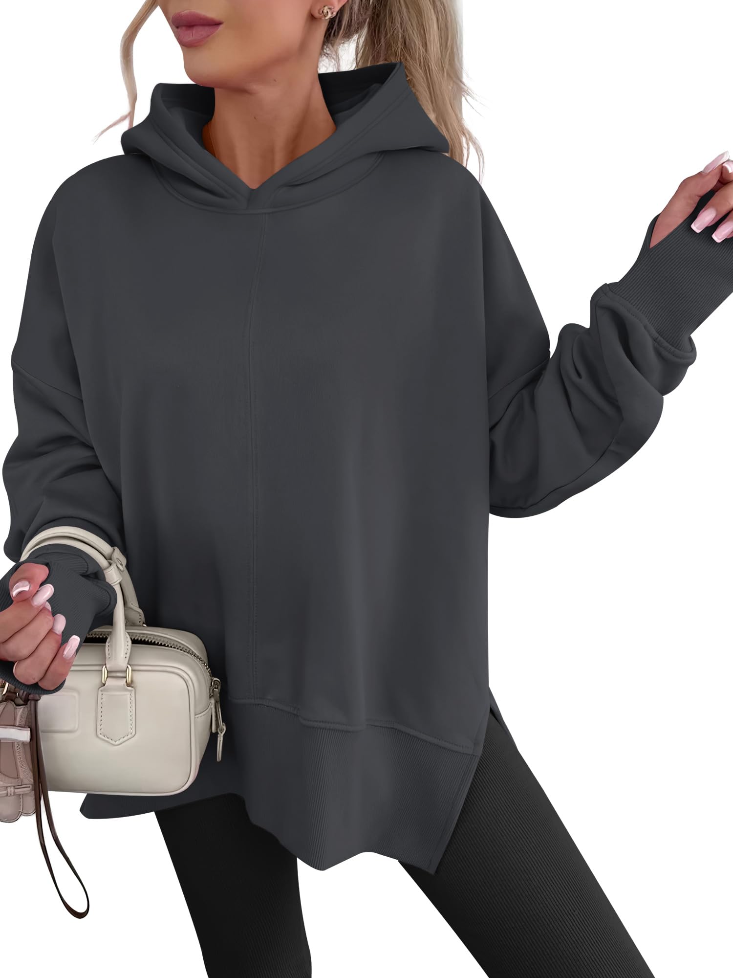 ANRABESS Womens Oversized Hoodies Long Sleeve Fleece Side Slit Hooded Sweatshirts Pullover 2026 Fall Outfits Y2K Clothes Deep Grey Small