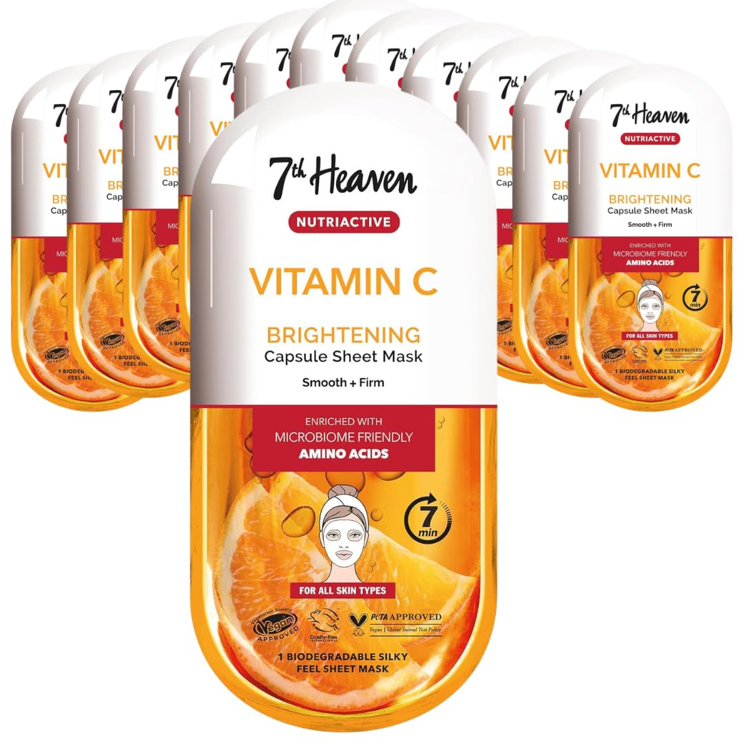 7th Heaven Vitamin C Nutriactive Brightening Sheet Face Mask, Enriched with Amino Acids to Help Smooth and Firm, for a Dewy Glow and Healthy Complexion, Vegan Approved by the Vegetarian Society
