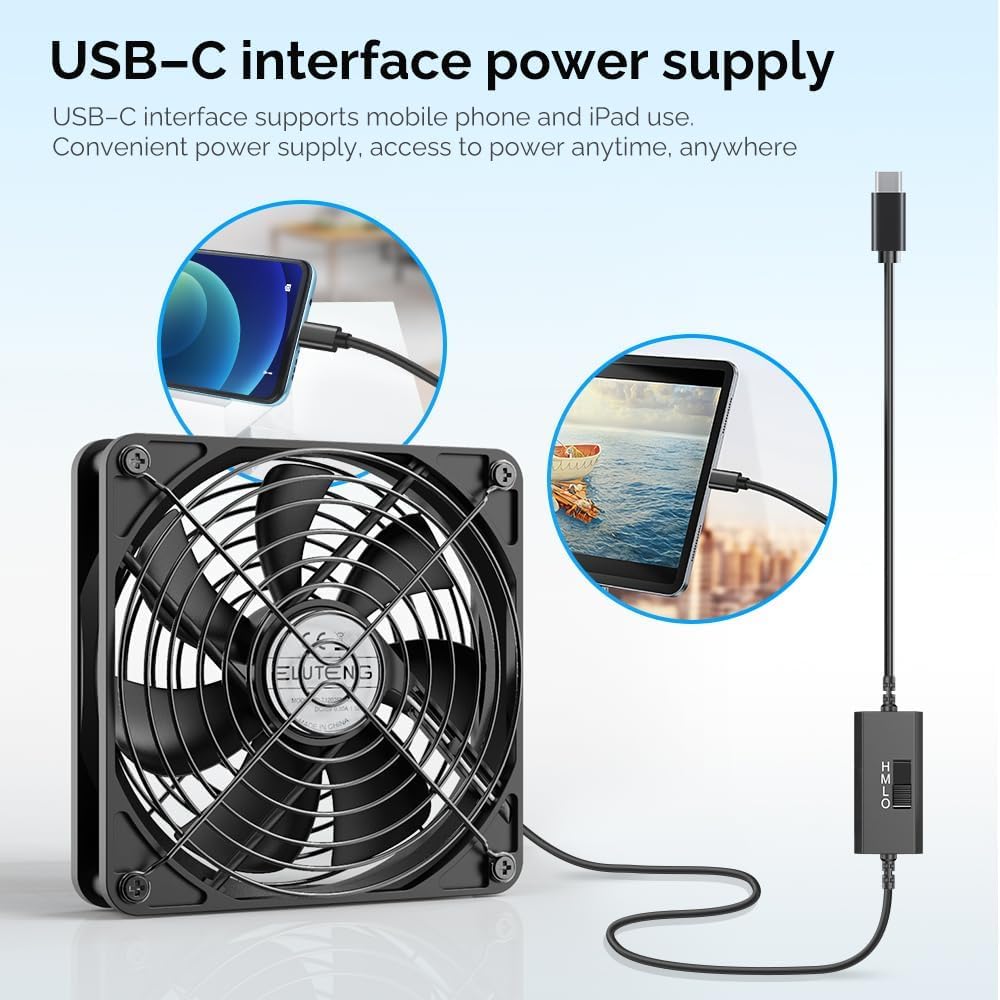 ELUTENG USB-C Wiatrak 120 mm 5V z 3 Regulowanymi Prędkościami, Wiatrak Komputerowy USB-C, Cichy Mini Wiatrak zgodny z Laptopem/Pudełkiem TV/PS4/Routerem