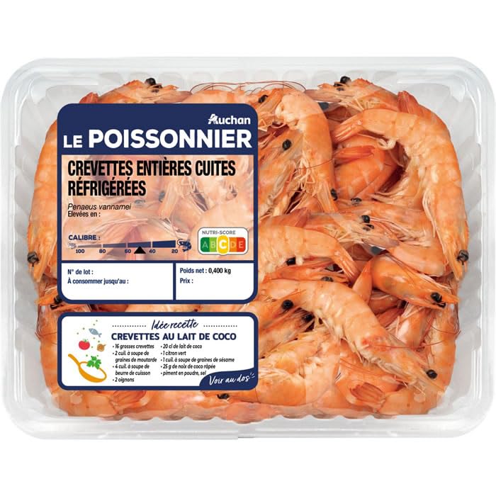AUCHAN Le Poissonnier Crevettes cuites entières calibre 40-50, 400 g