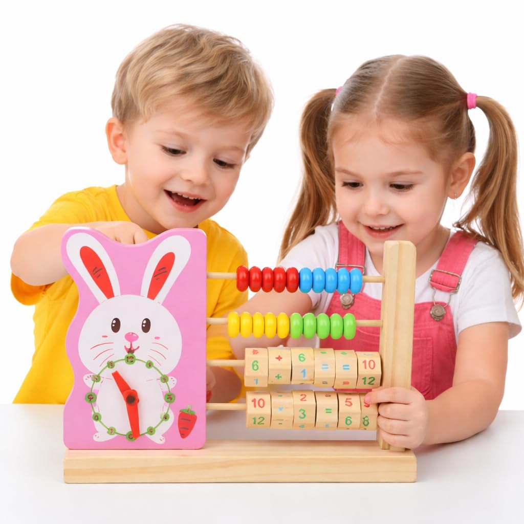 Wooden Abacus with Clock Learning Toy for Kids | Numbers, Counting & Time Learning | Montessori Abacus Tool & Memory Game for Toddlers & Preschoolers (3+ Years, Random Design)