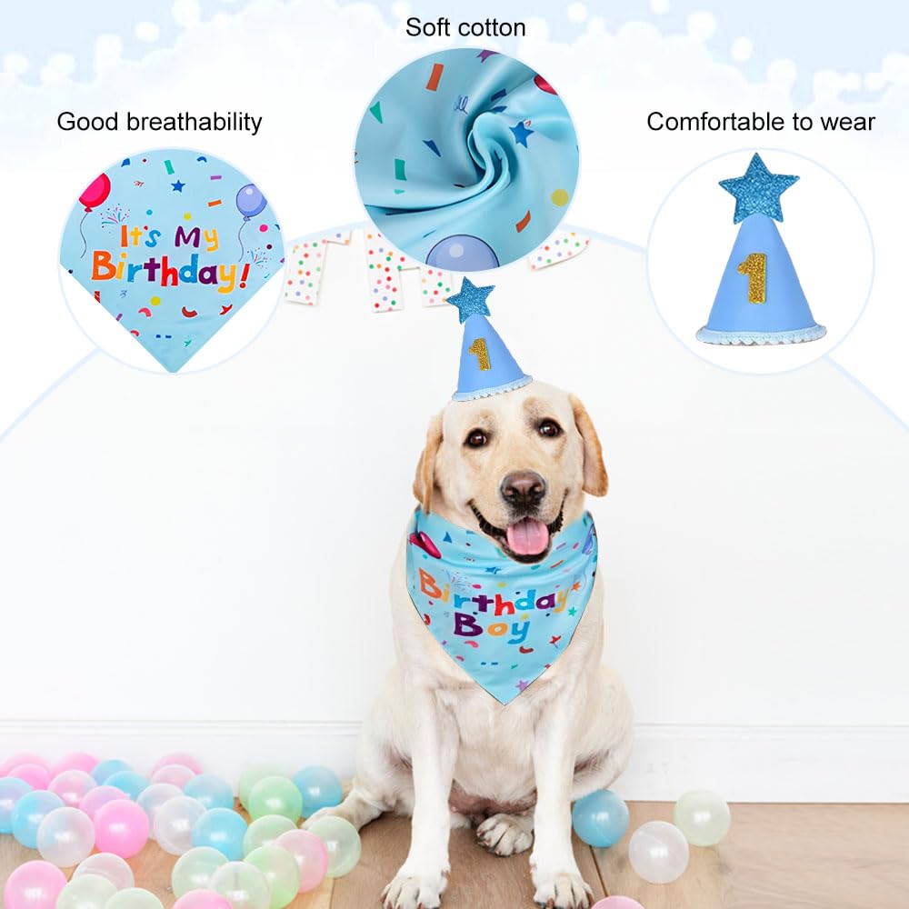 3 PCS Set Compleanno Cane,Bandana Cane Compleanno con Cappello, Numeri,HMCEY Cappellini da Festa per Animali Domestici,Accessori Decorazioni Compleanni Regalo per Cani Maschi, Femmine - Blu