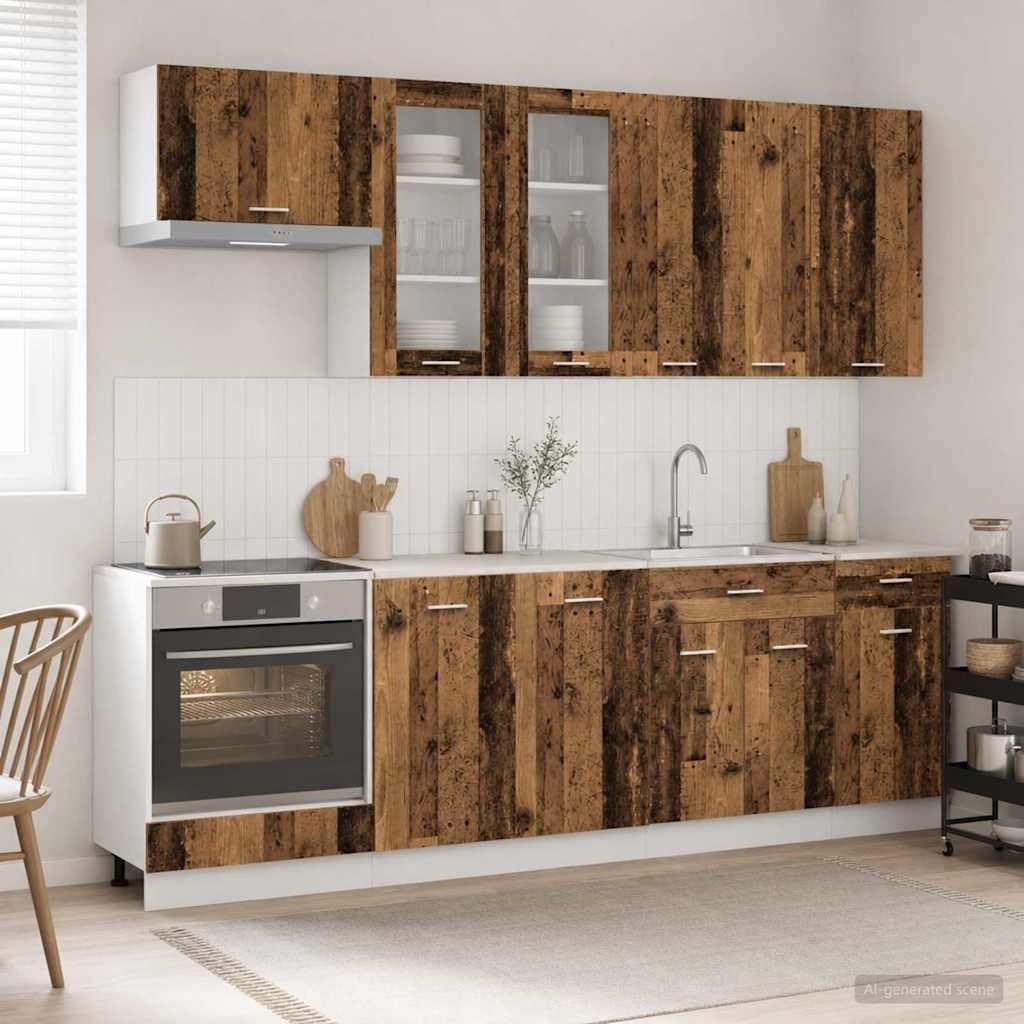 8-teilige Küchenzeile Lyon Küchenblock Altholz-Optik Holzwerkstoff | Modulare Küchenschränke für die Küche. Individuell stellbar mit viel Stauraum im rustikalen Altholz-Design.
