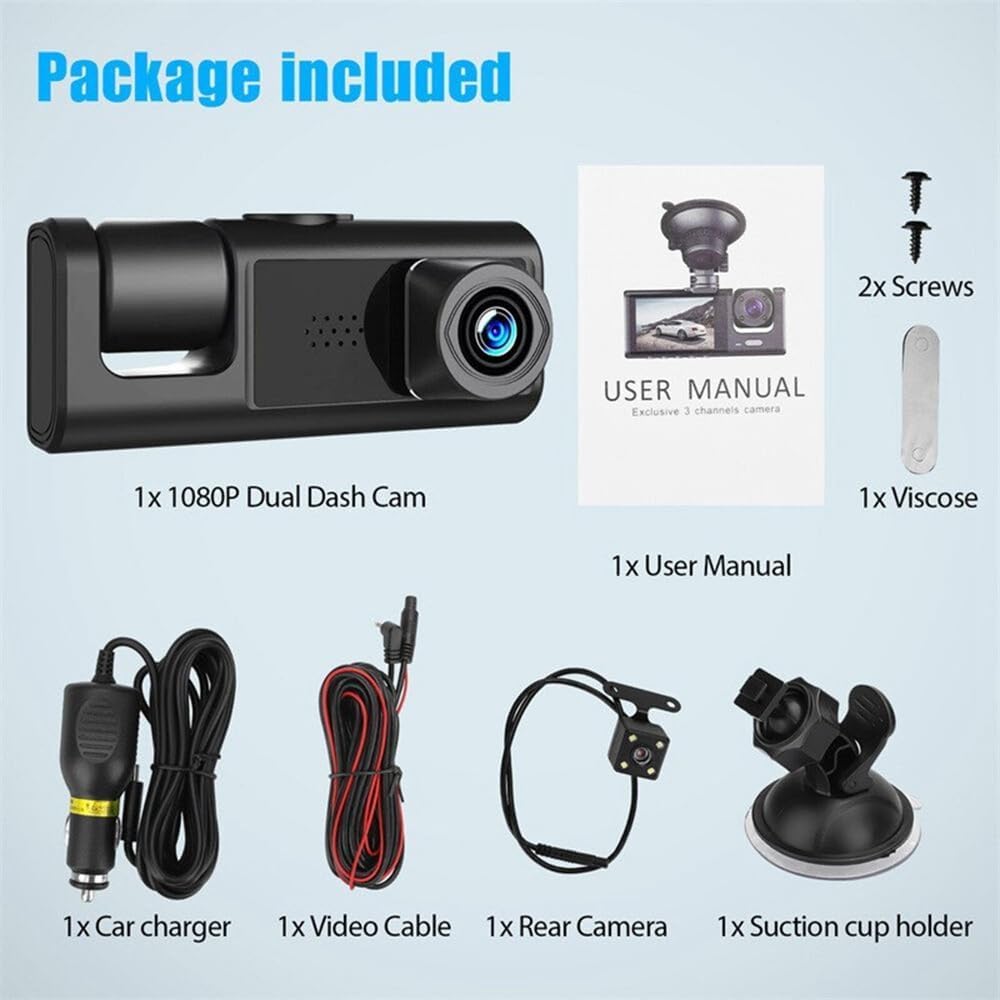 Dash Cam Auto 3 Lenti Full HD 1080P, Tripla Videocamera Frontale + Abitacolo + Posteriore, Visione Notturna, Monitoraggio Parcheggio 24H, Display Integrato, Installazione Facile con Supporto Ventosa