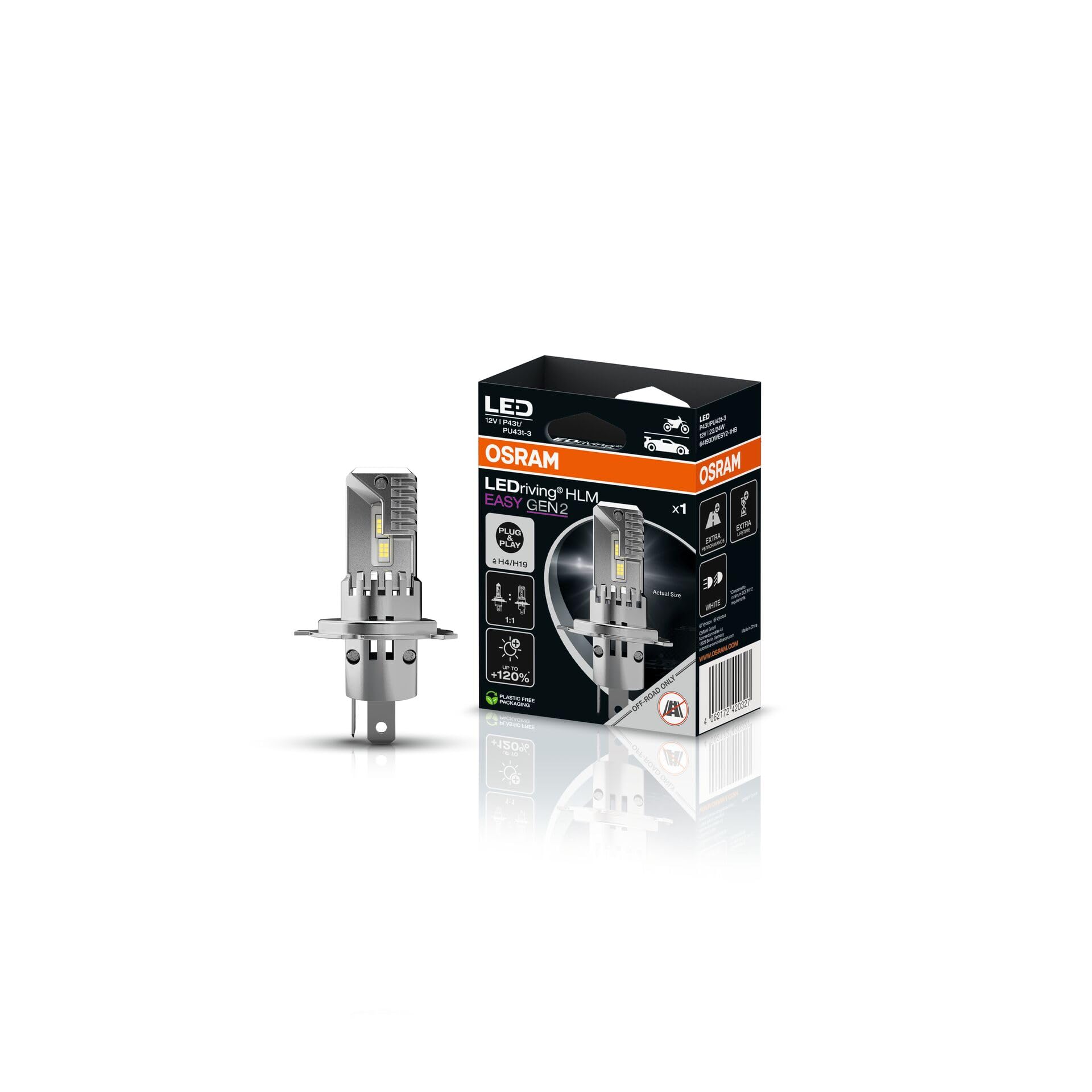 OSRAM LEDriving HLM EASY GEN 2 ≜ H4/H19, Lampada LED per fari moto, Bianco freddo 6500K, Lampada LED retrofit abbagliante e anabbagliante, solo per uso fuoristrada - non omologata ECE, 1 lampada