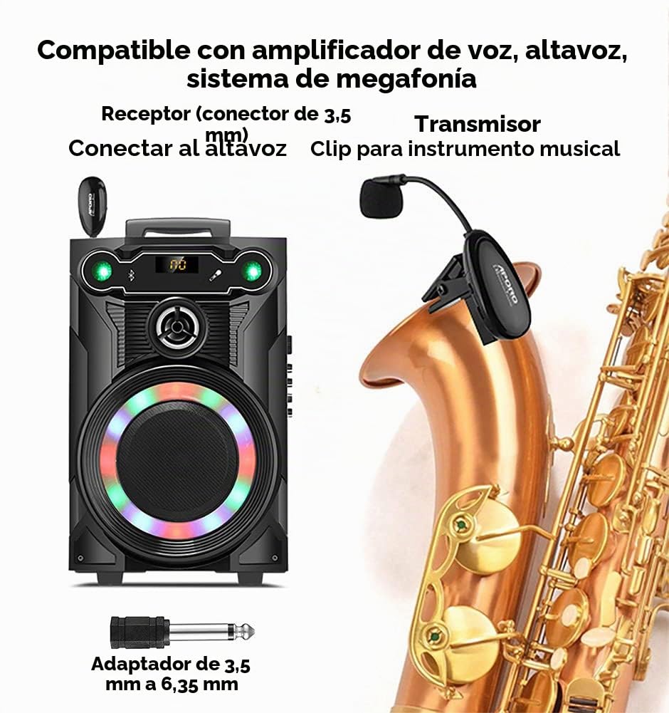 Micrófono de Saxofón Inalámbrico 2.4G, Clip en Instrumentos Musicales Micrófono, Receptor y Transmisor Inalámbrico, para Saxofón y más