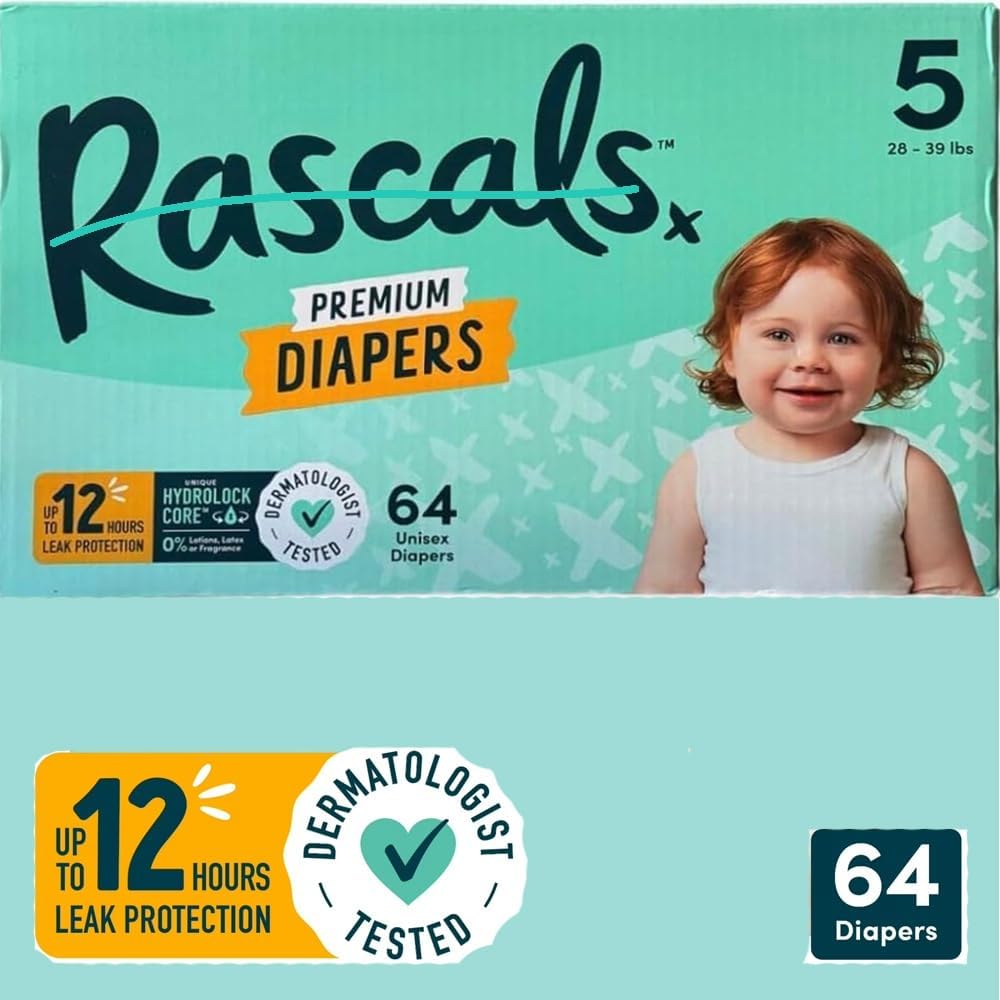 Rascals Premium Diapers Unisex (Size,5 Count 64)
