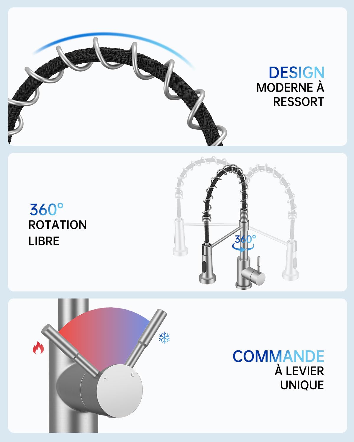 Robinet de Cuisine, Mitigeur de Cuisine Commercial à Ressort, Robinet à Simple Levier en Acier Inoxydable avec Bec Pivotant 360° et 2 Modes de Pulvérisation, Nickel Brossé