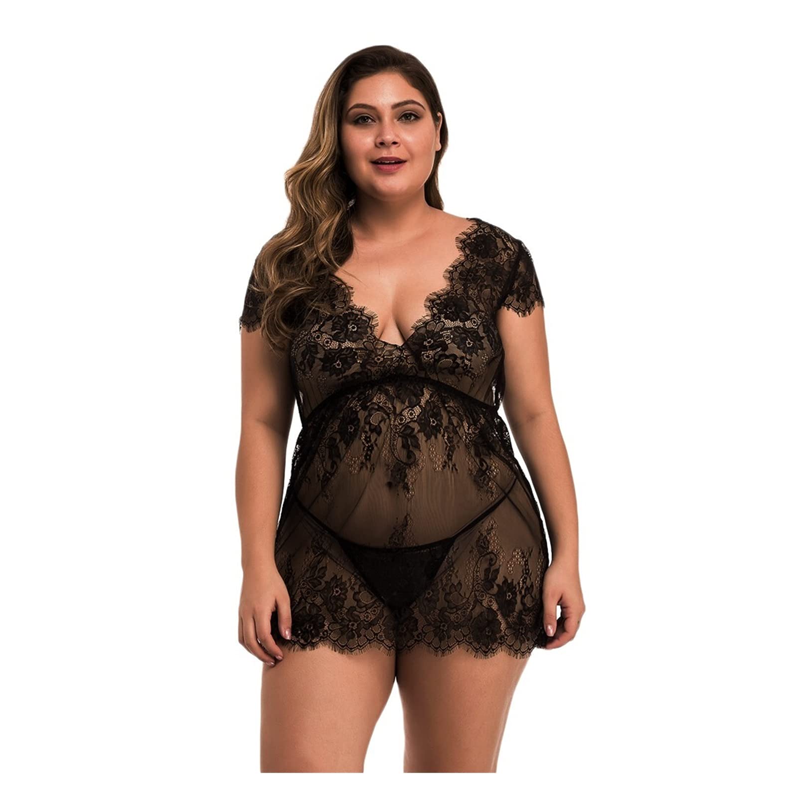 Damskie koszulki i peniuary Damskie Plus Size Dekolt w kształcie litery V Koronkowa seksowna bielizna Koszula nocna Bielizna nocna ze stringami (Kolor: granatowy, rozmiar: 4X-duży) (czarny 4XL)
