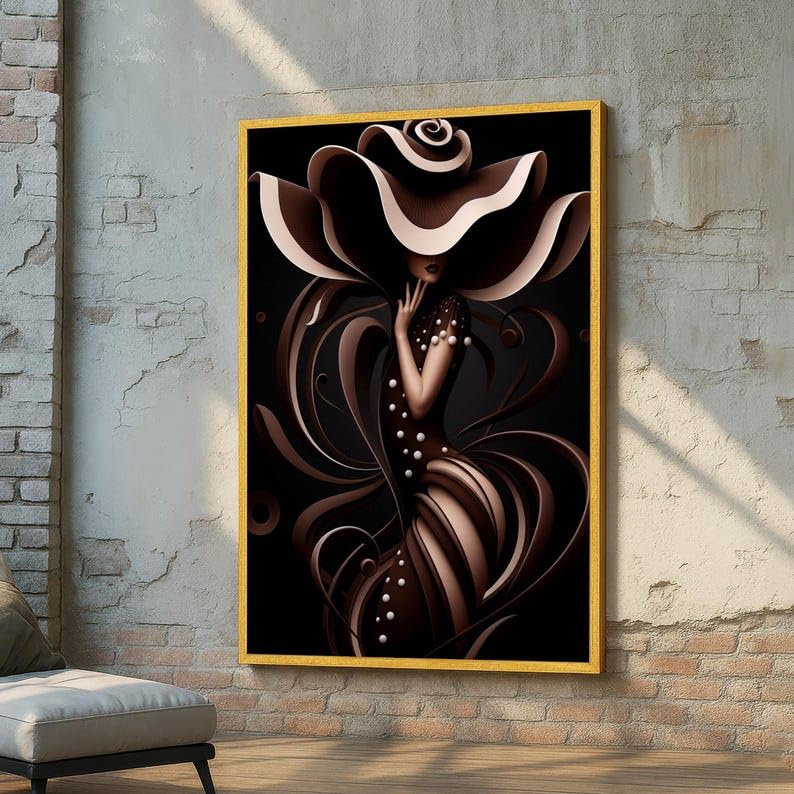 Tableau sur toile femme au chapeau fleuri 70x110 cm design de luxe pour intérieur raffiné