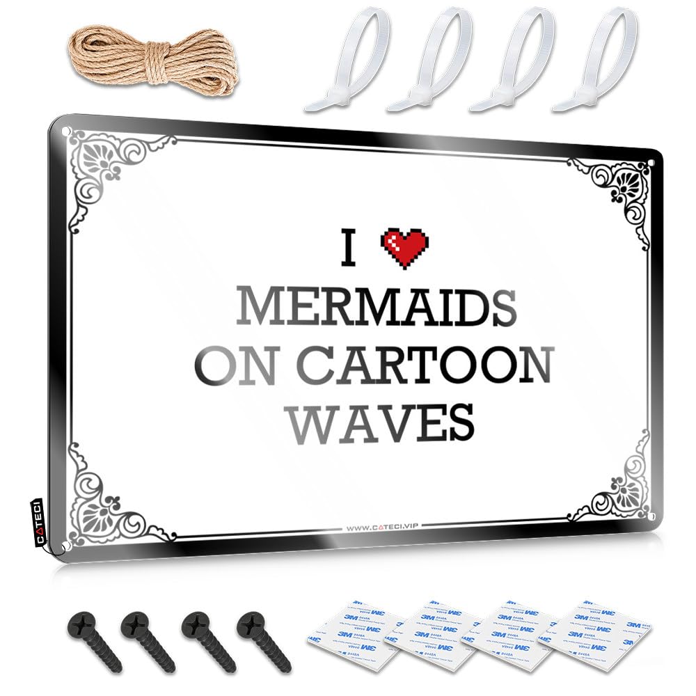 I Love Mermaids On Cartoon Waves Tin Metal Decor Country Stuff | Industrial Fun Decorative Wall Art(30X40CM)