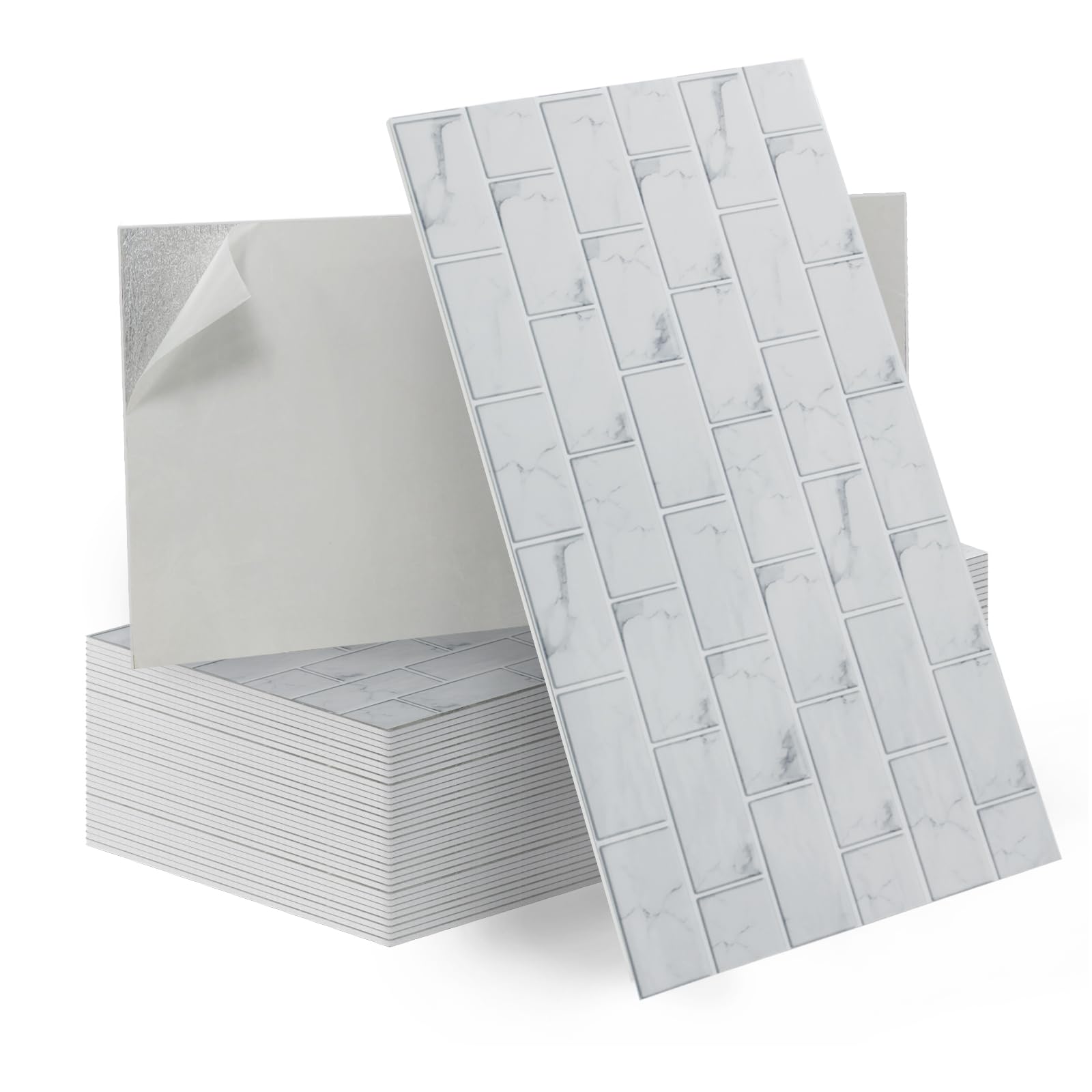 Tarwanear 20Pcs Marble Tile Stickers,Self Adhesive Wall Tiles Marble 60 x 30cm, PVC Peel and Stick on Wall Tiles Waterproof for Living Room Bedroom Bathroom Kitchen Backsplash,Brick White 2