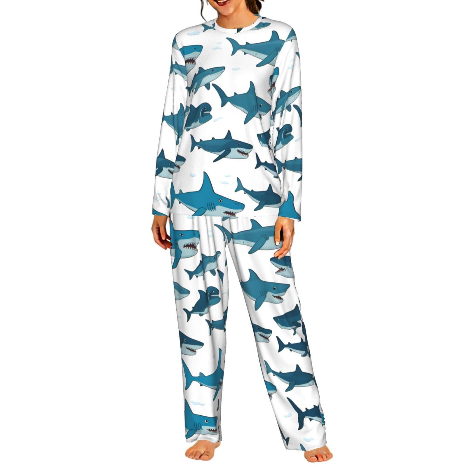 Pigiama da donna a maniche lunghe con stampa di squalo con vari gesti, morbido pigiama da spiaggia, vacanze, biancheria da notte, regalo casual