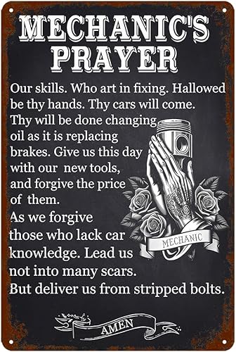 Regalos divertidos de mecánico letrero de metal vintage  "Oración del mecánico" de 8 x 12 pulgadas para garaje de hombres, accesorios de la cueva