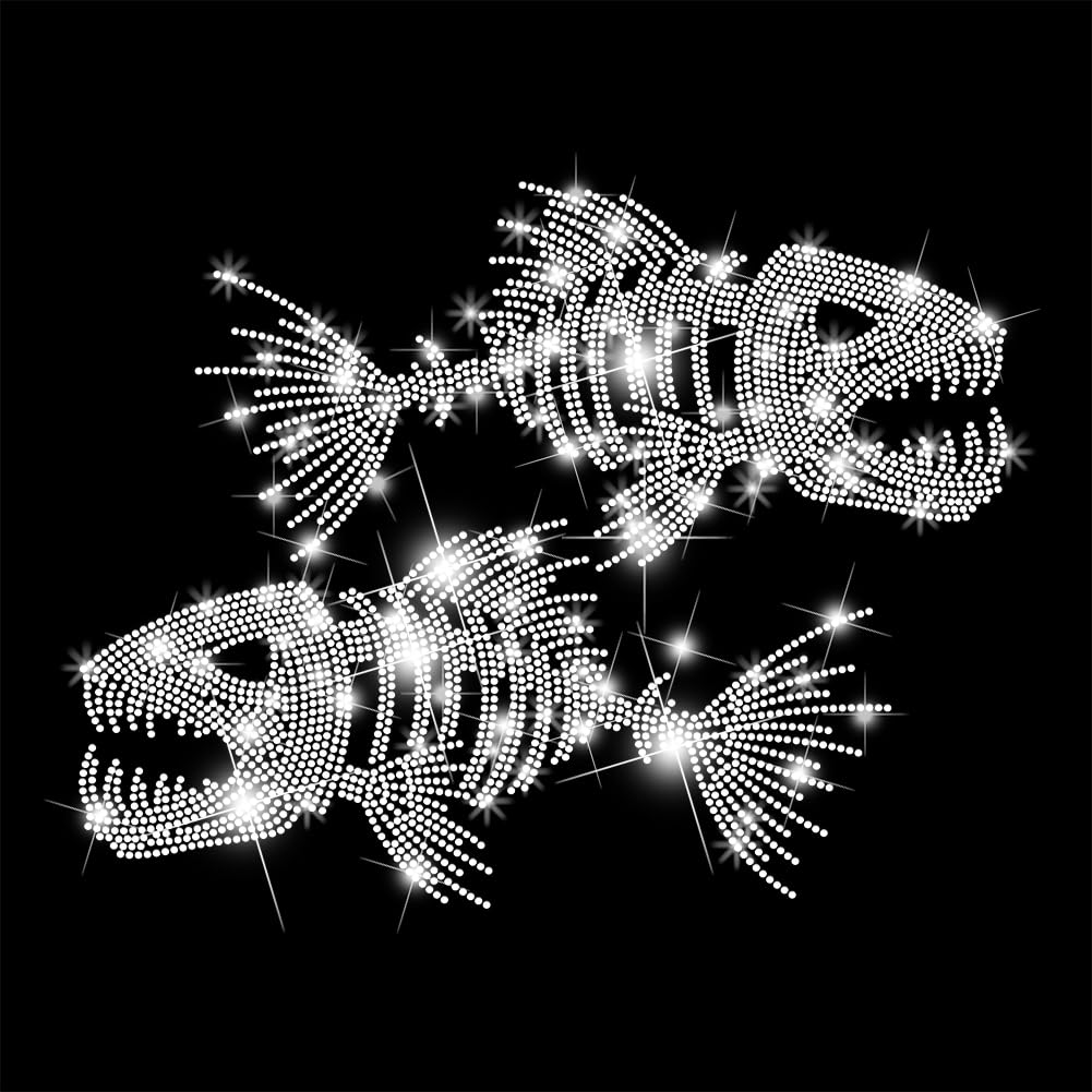 GOMAKERER 1 Pc Fish Skeleton Rhinestone Iron on Transfers, Sparkling Rhinestone Iron on Hotfix Transfer Decal Bling Crystal Clothing Transfer Repair Applique Patches for T-Shirt Jeans Pants Bags