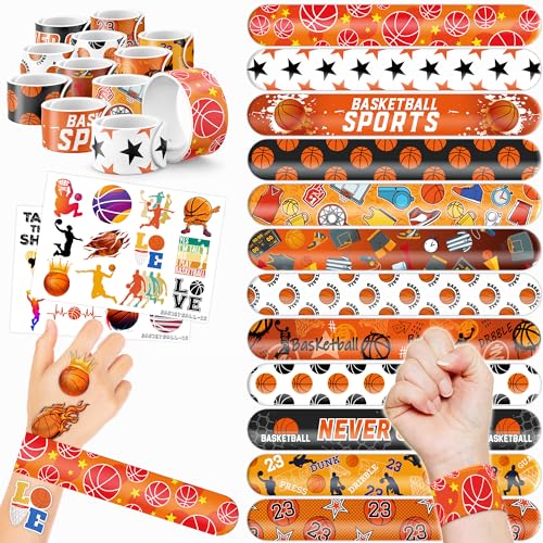 48PCS Basketball Party Favors - 24PCS Tattoos & 24PCS Slap Bracelets - Sport-Themed Birthday Supplies, Decorations, Gifts, Classroom Prizes, Carnival Rewards for Boys & Girls