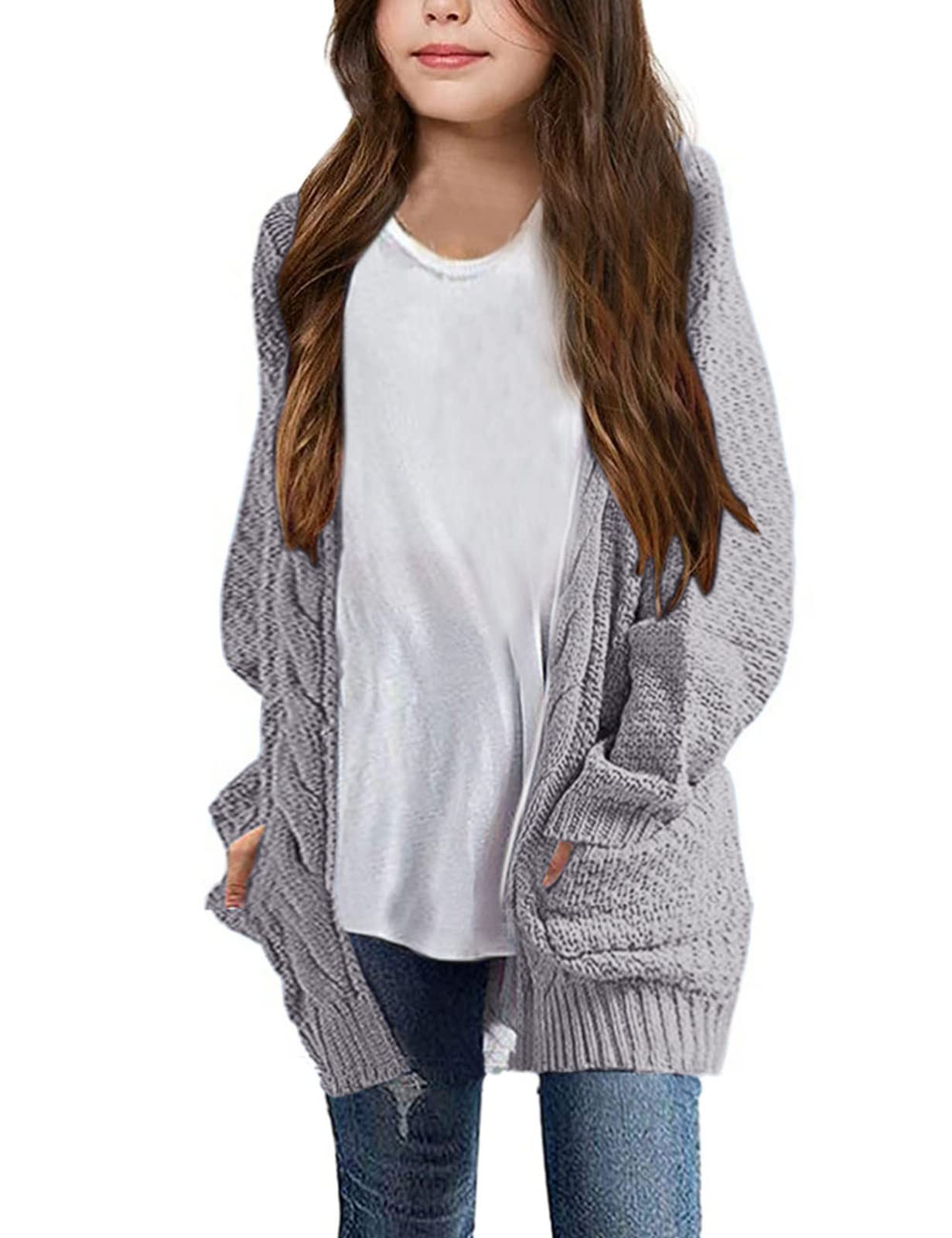 Girls Long Sleeve Cardigan Sweaters Open Front Cable Knit Chunky Cardigans Kids Oversized Cute Outerwear Coat
