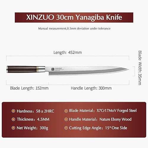 Miniatura 3 de XINZUO Cuchillo Sashimi de 12 pulgadas X7Cr17MoV de acero forjado, cuchillo de fileteado tradicional japonés Yanagiba, hoja de un solo filo,
