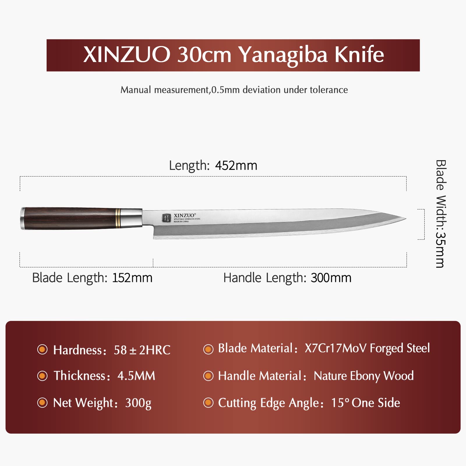 XINZUO 30cm Couteau Sashimi Acier Inoxydable X7Cr17MoV, Couteau à Sushi Yanagiba de l'Artisanat Traditionnel Japonais, Lame Biseautée Unique -Ébène Manche en Bois -Fourreau en Bois de Bouleau