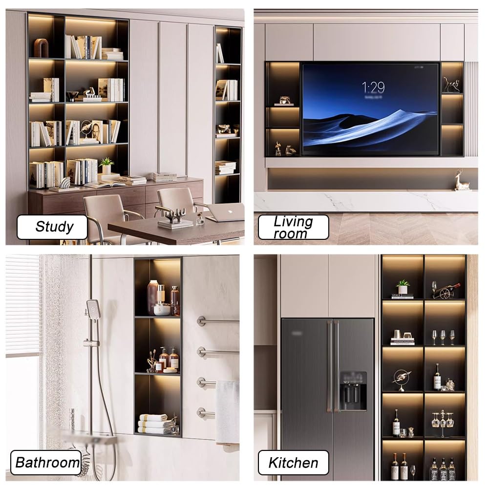 Estante de ducha LED empotrado de 4 niveles, impermeable, de acero inoxidable, para guardar champú, montaje en pared, solución de baño, no necesita azulejos (gris, 1200 x 280 x 125 mm)