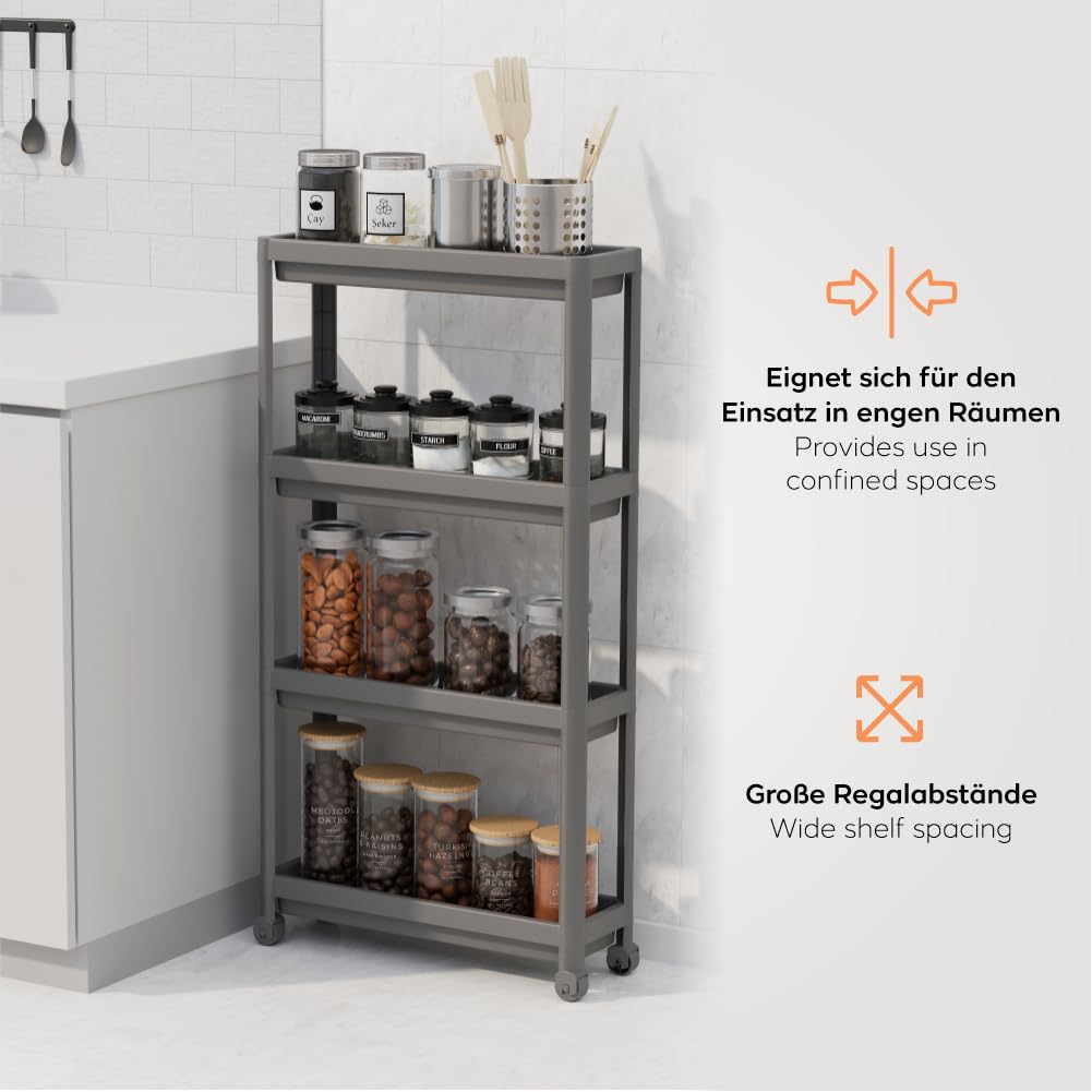 sugodesign Carrello sottile con 4 ripiani, organizer da cucina e bagno, mensola salvaspazio per nicchie strette, bianco, grigio e nero (grigio)